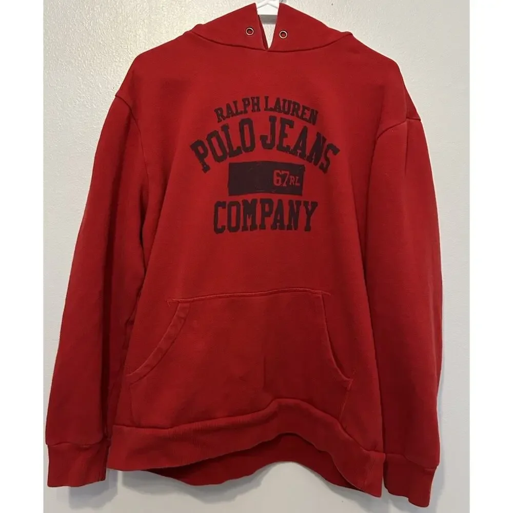 VTG RARE Polo Ralph Lauren Hoodie Sweatshirt Oversize Red DEADSTOCK 90s Label XL
